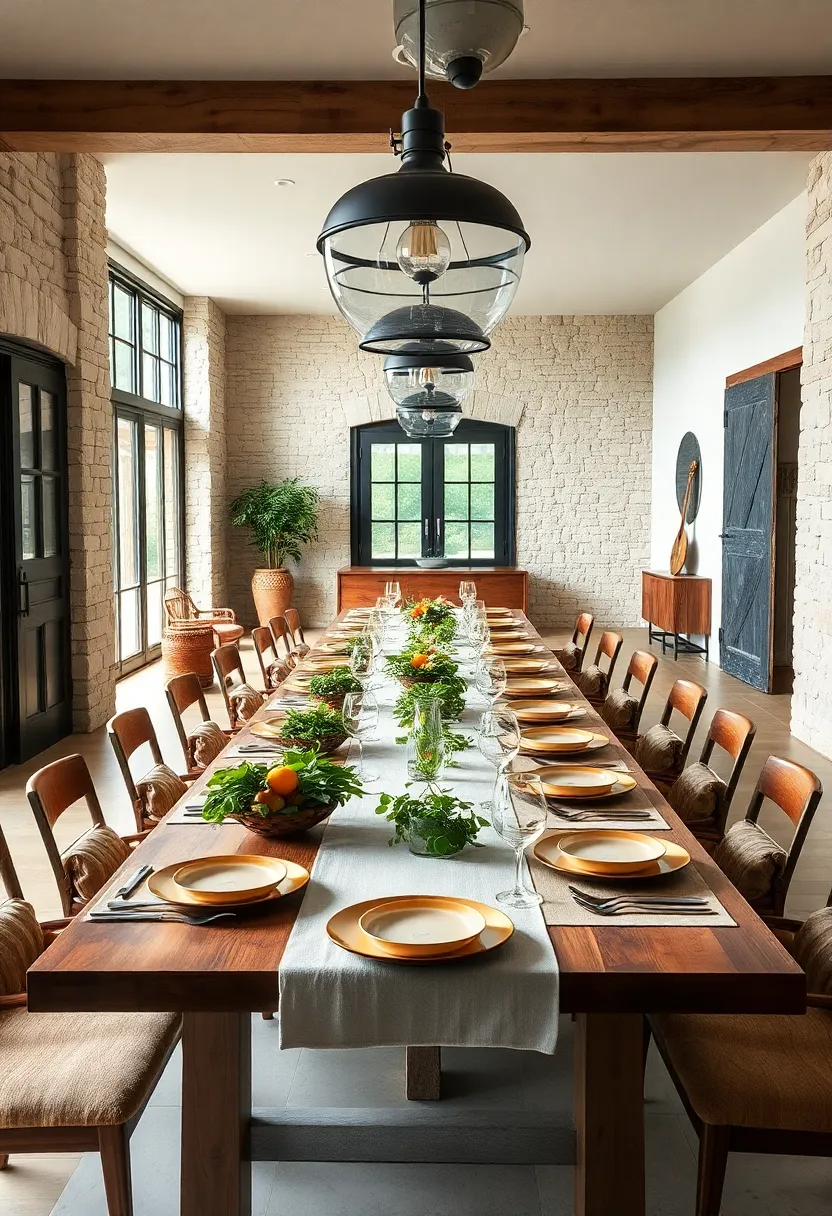 A Long Communal Table Set for Seasonal Feasts with Fresh herb Centerpieces