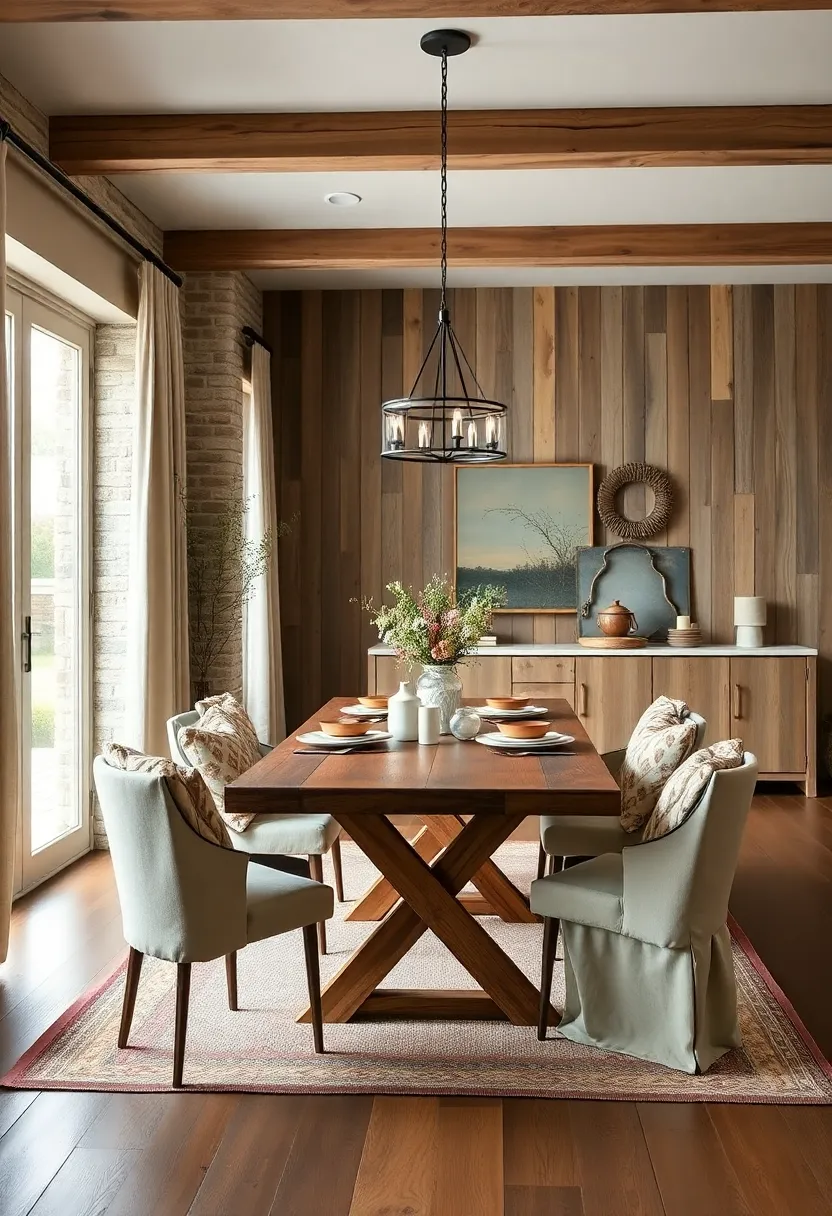 Mixing Weathered Wood and Soft linens to Create a Balanced Farmhouse Dining Atmosphere