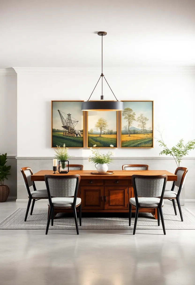 Natural Light highlighting Vintage Farmhouse Paintings above a Classic Buffet