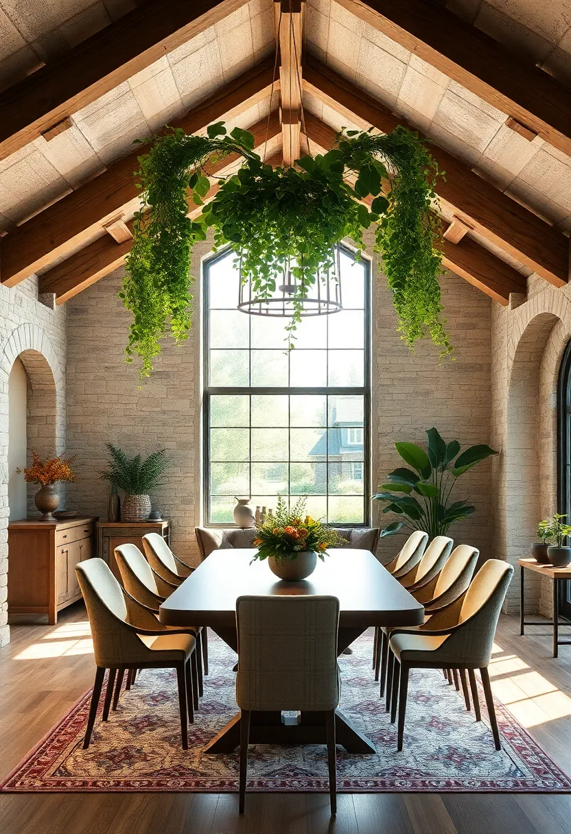 Open-Beam Ceilings with Hanging Greenery Elevating Nature-Inspired farmhouse Vibes