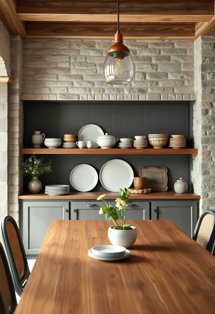 Quaint Open Shelving displaying Handcrafted Pottery and farmhouse-Inspired Dinnerware