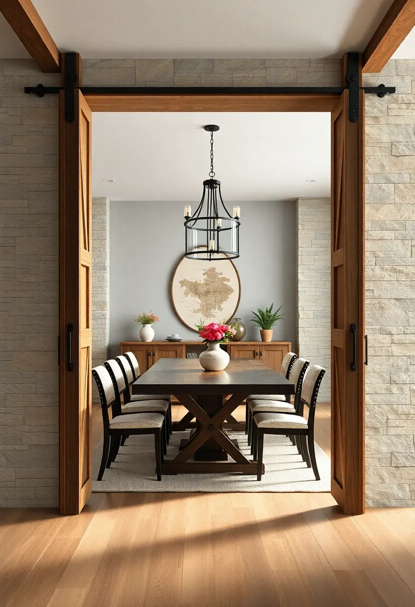 Rustic Barn Doors Framing a Classic Farmhouse Dining Room for Warm Gatherings