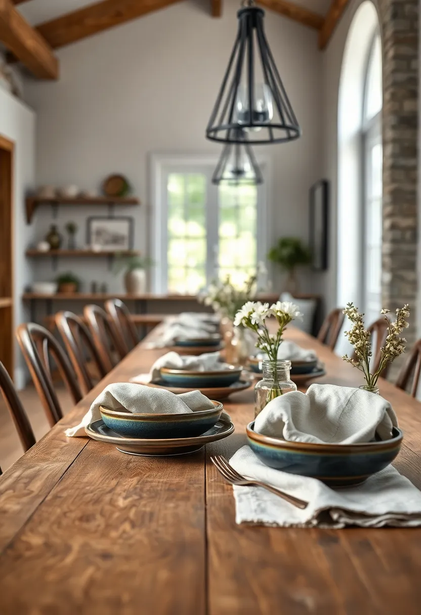 Rustic Ceramic Dishes Paired With Vintage Linen Napkins on a Handcrafted Table