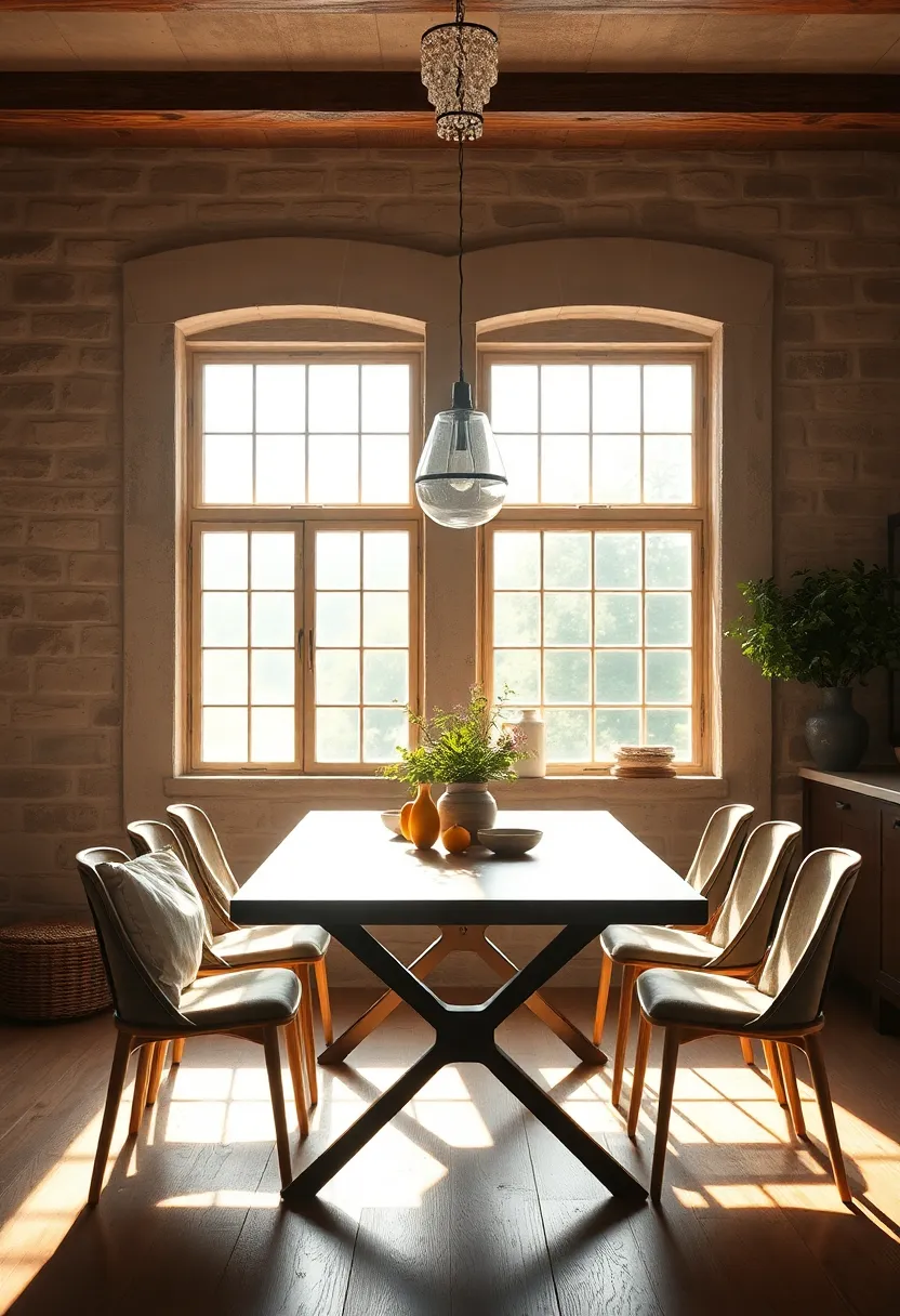Sunlight Streaming Through Vintage Windows Illuminating a Cozy Farmhouse Dining Room