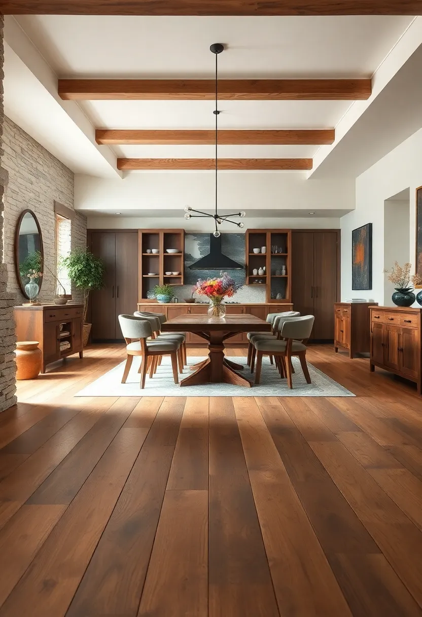 Timeworn Floorboards Leading to an Inviting Mixed Material Dining Space