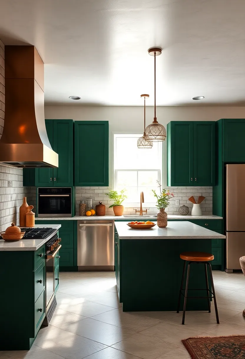 Bold Emerald Green Cabinets ‍Paired ⁣with Copper Appliances for a Glamorous and Earthy Look