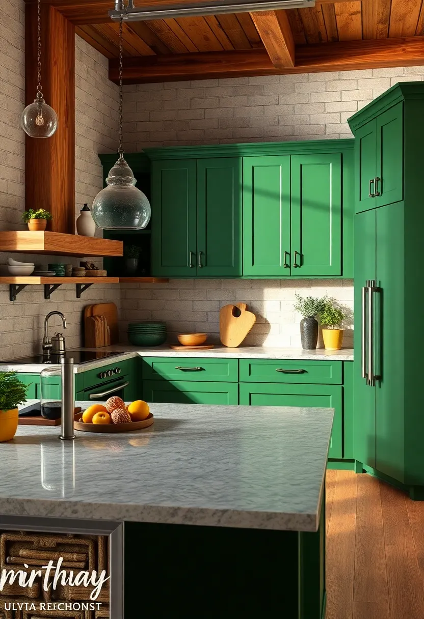 Bold Forest Green Cabinets against Warm Wood Accents‍ for a balanced Rustic Elegance