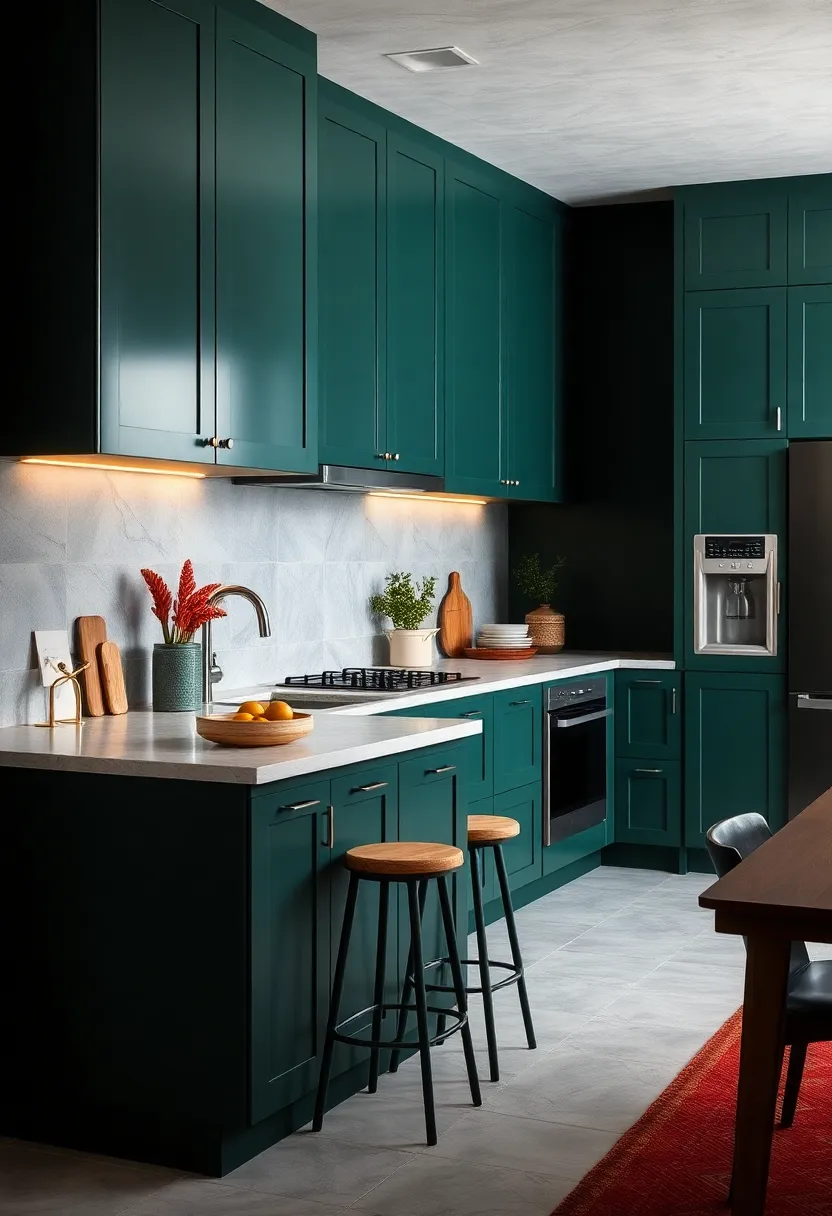 Charcoal Green ⁤Cabinets Complemented by ⁣Minimalist Grey⁢ walls for Urban Contemporary Kitchens