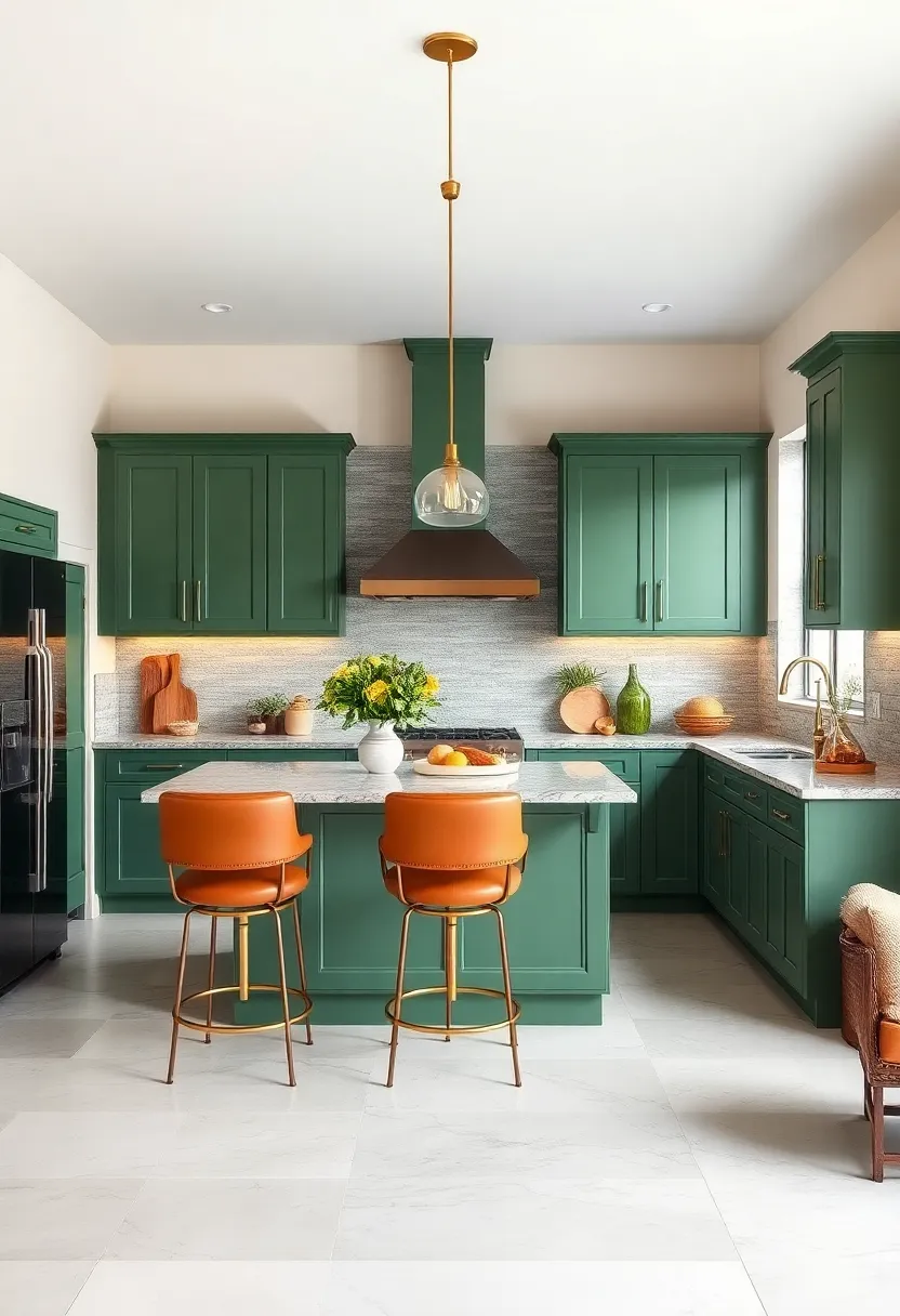classic ⁤Hunter Green⁢ Paired‌ with Rich Leather Bar Stools and Brass Pendant⁢ Lighting