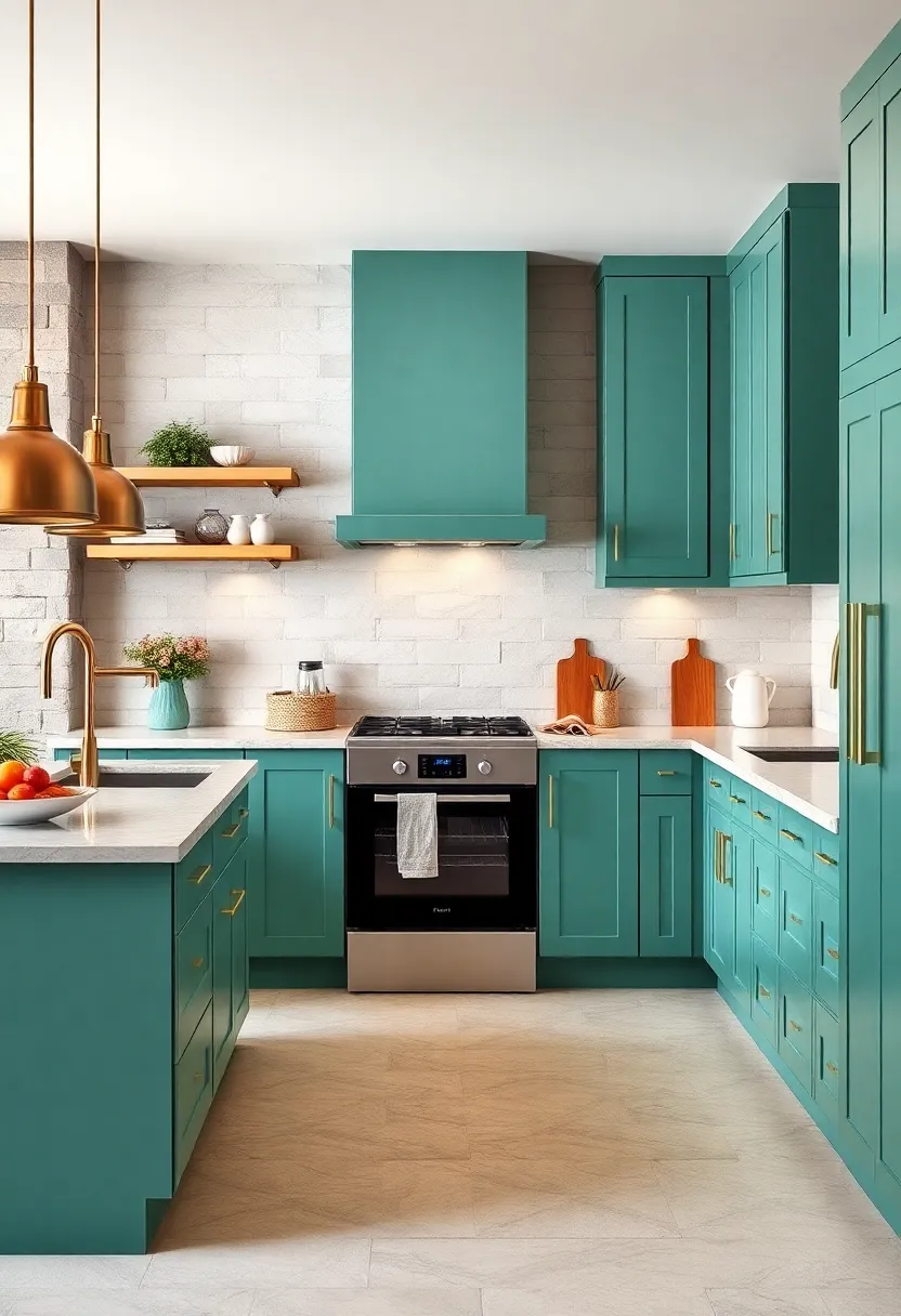 Cool⁢ Aqua Cabinets ⁤Balanced⁣ with Bright Metallic ⁢hardware for Sophisticated Yet Playful Appeal