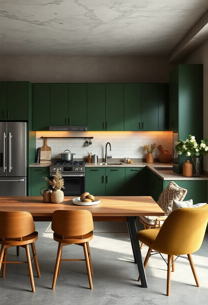 Dark Moss ​Green Cabinets Surrounding Industrial Elements ‌Like Steel​ Appliances and Concrete Floors