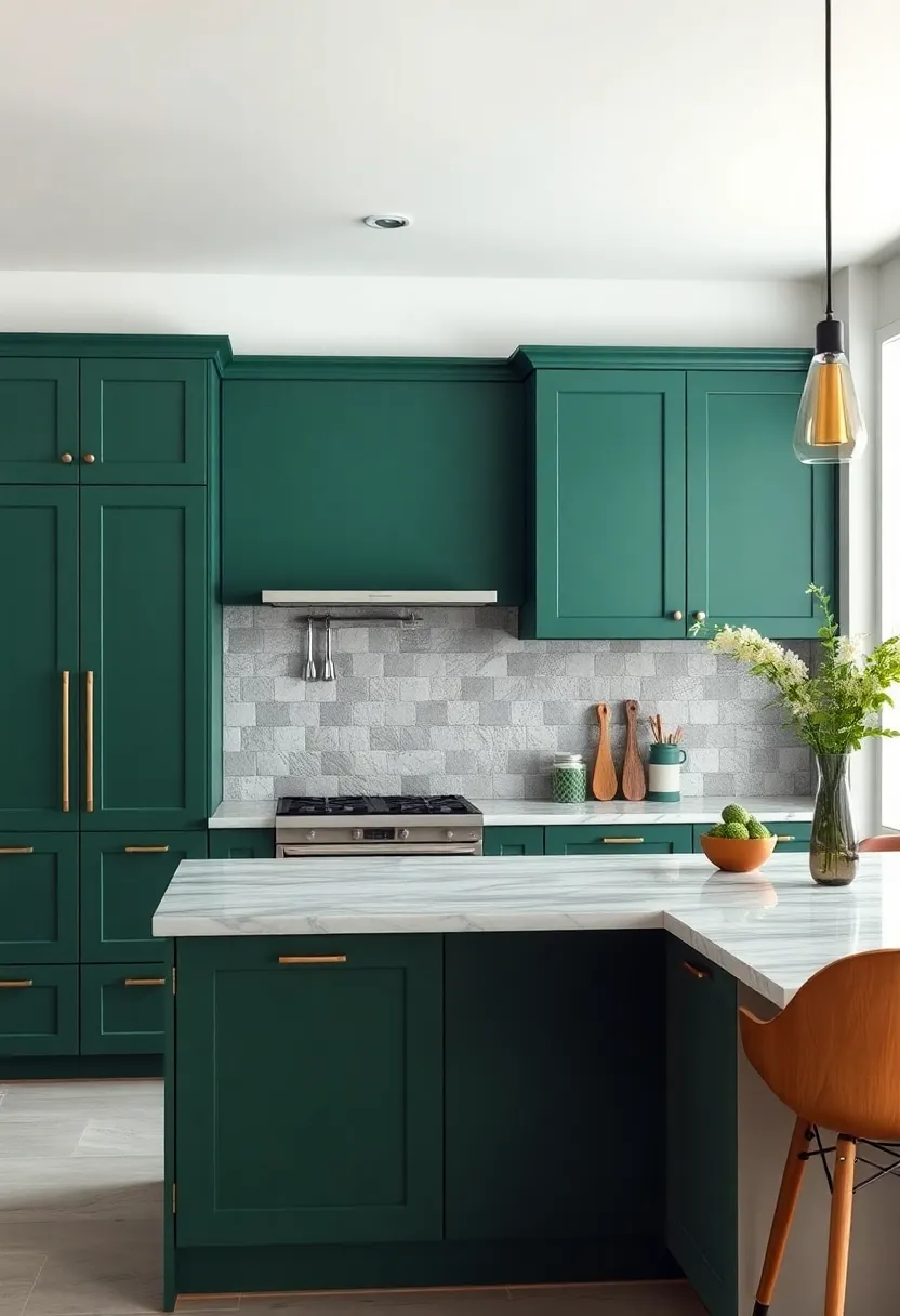 Deep Hunter Green ⁤Cabinets Paired with Marble Countertops for Luxurious⁣ and ​Classic Contrast