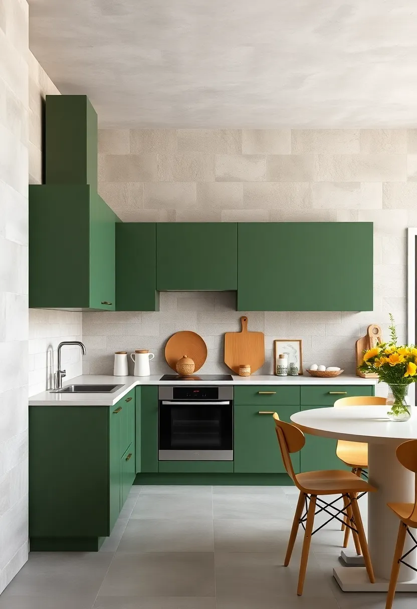 Deep⁣ Pine ‌green Cabinets Surrounded ‌by ⁤Textured‍ Walls and Minimalist Decor for Modern Simplicity
