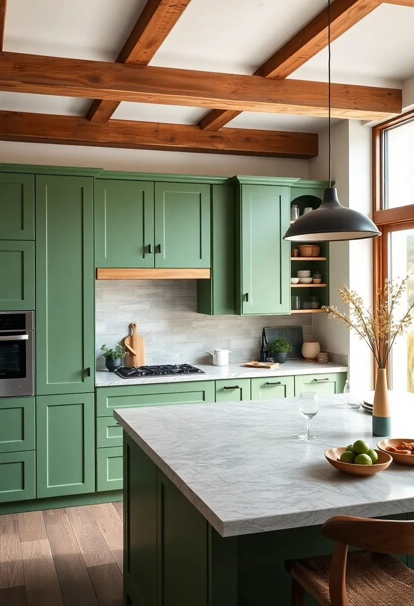 Elegant Moss Green ​Kitchen Cabinets Highlighting Stone ‍Countertops and Warm⁢ Wooden Beams