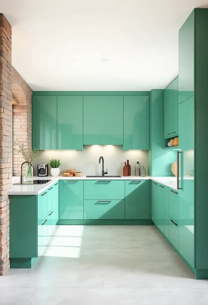 Glossy Mint⁤ Green Surfaces⁤ Reflecting Light ⁣and Brightening Small⁣ Kitchen⁢ Areas with Fresh Energy