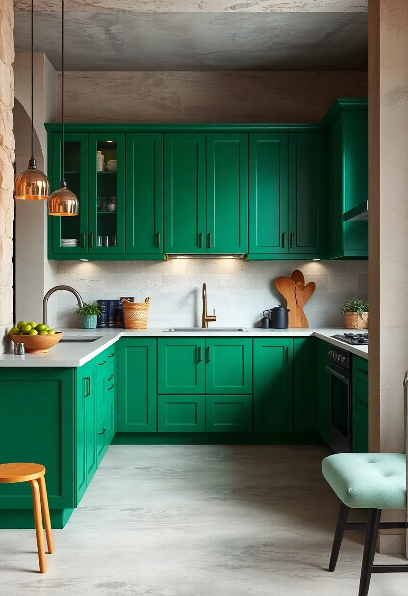 Lush Emerald‌ Green Cabinets Bringing vibrancy and Depth to Modern Kitchen Spaces