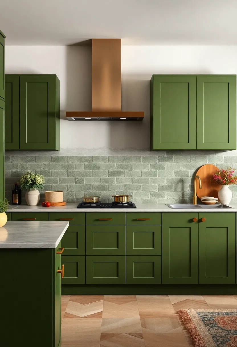 Matte Olive Green ​Cabinetry with brass Hardware Showcasing Sophisticated Chic and Timeless Appeal