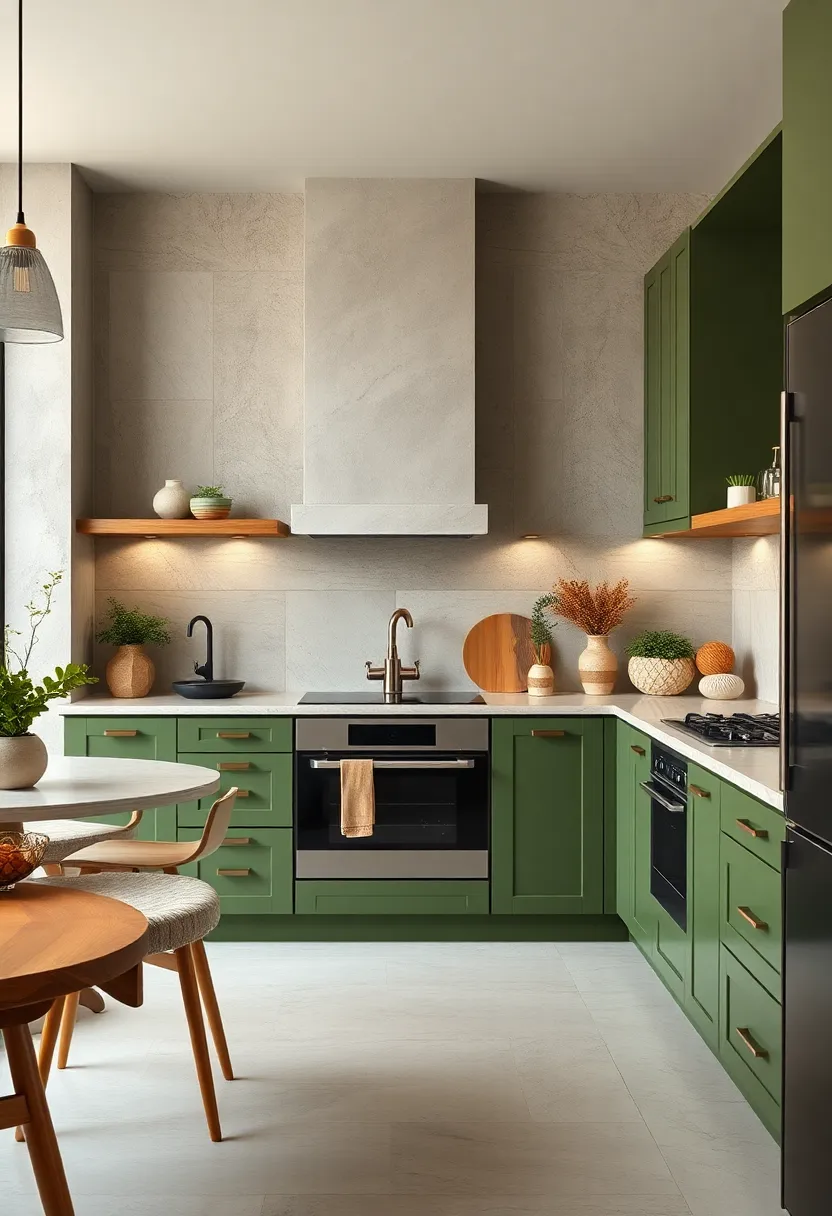 Neutral Kitchen Backsplash Highlighting Rich Olive Cabinets⁤ and Organic decorative ⁤Elements
