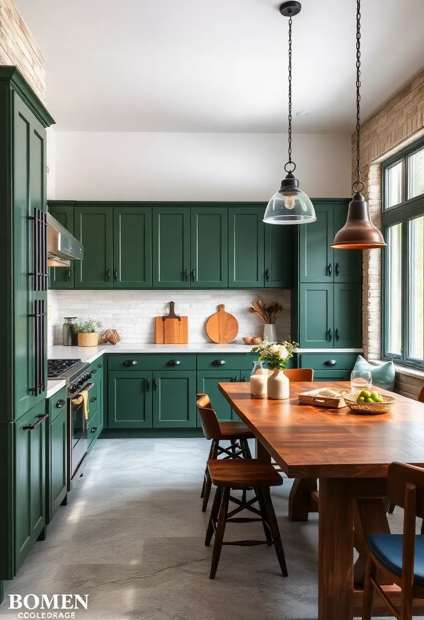 Rustic Forest Green Cabinets Rooted in Farmhouse ⁣Style With Distressed⁤ Wood and Iron⁤ Hardware