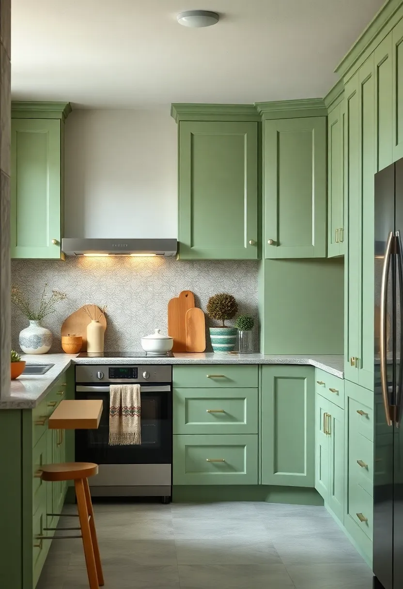 Sage‌ Green​ Cabinetry Framed‌ by Soft Pastel‌ Walls Creating a Gentle ⁤and Inviting ⁣Kitchen Ambiance