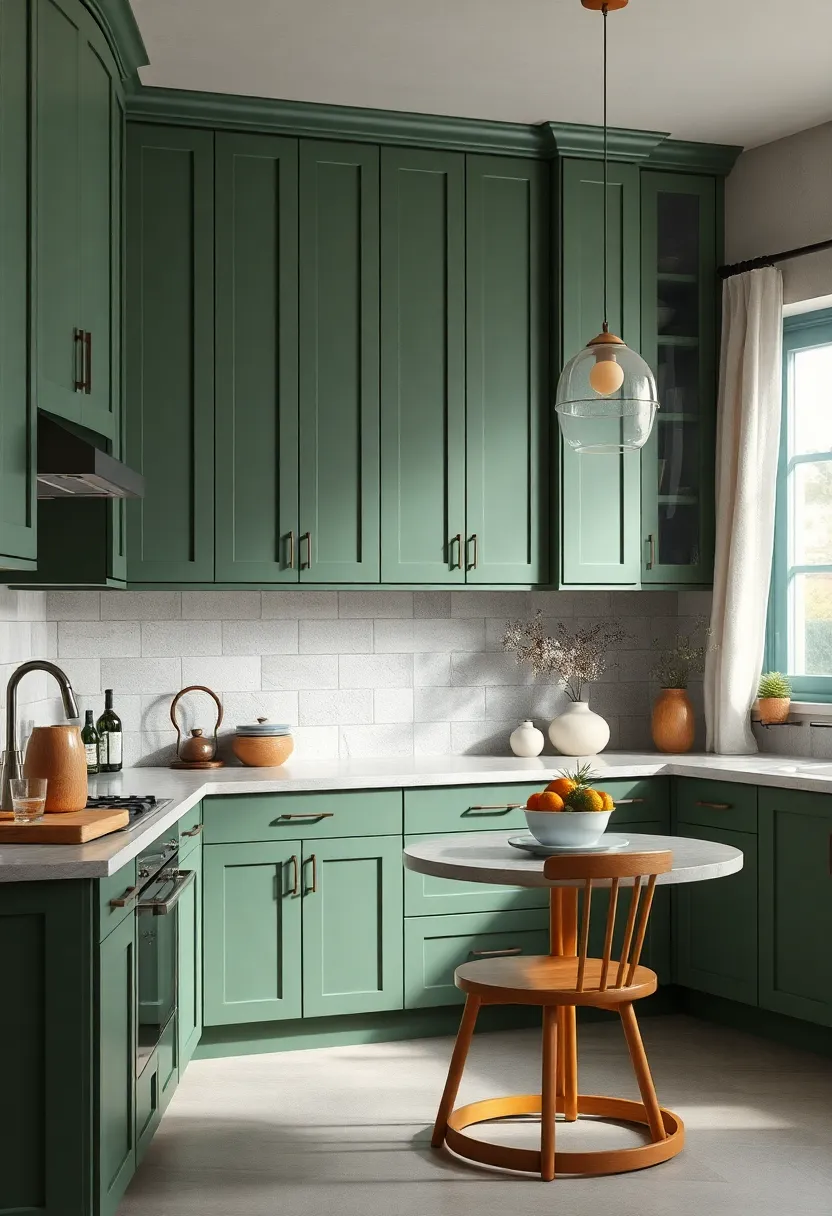 Subdued Eucalyptus Green Cabinets Matched with Soft Cotton Curtains for Cozy Kitchen Nooks