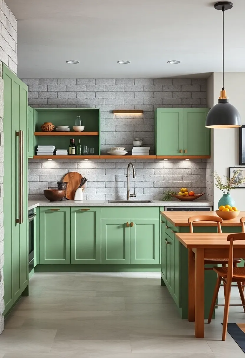 Subtle Pistachio Green ‌Cabinets Enhancing Open ⁢Shelving‌ and Minimalist Kitchen Layouts