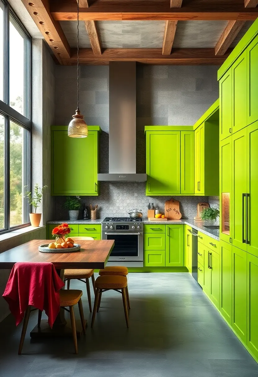 Vibrant Chartreuse‍ Cabinets Framing Large Windows ​to Celebrate Natural Light and Outdoor Views