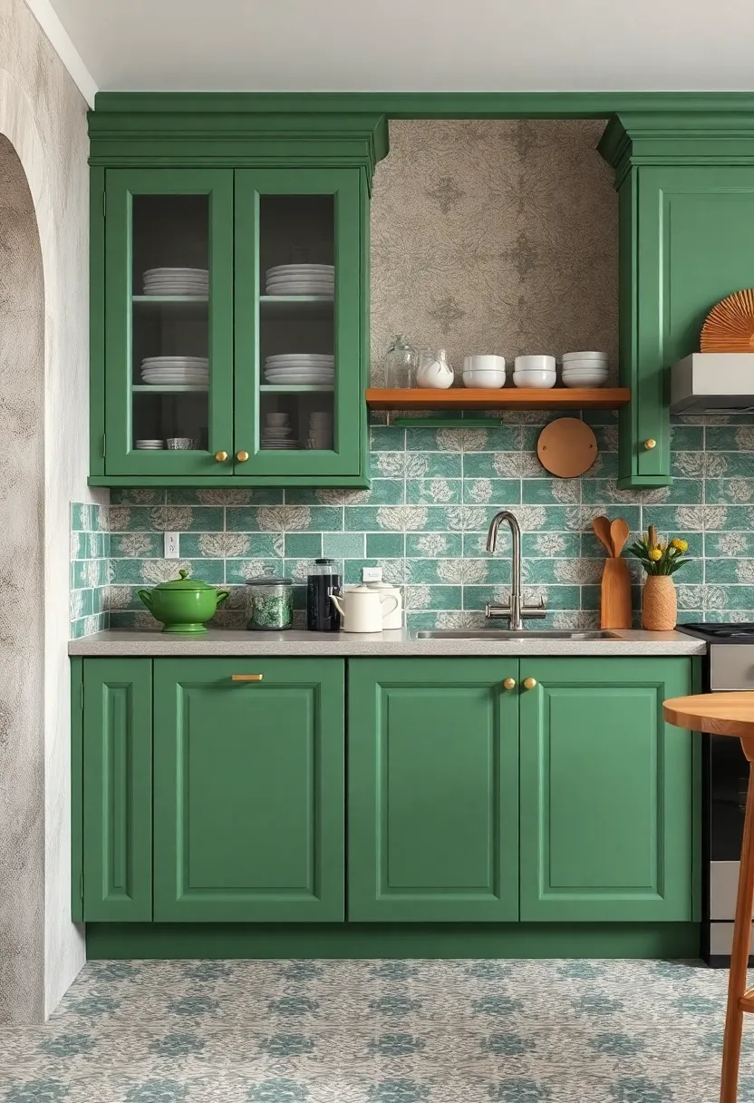 Vintage ⁤Inspired Jade Green Cabinets Styled ⁢with Patterned Tiles and‌ Antique Kitchenware