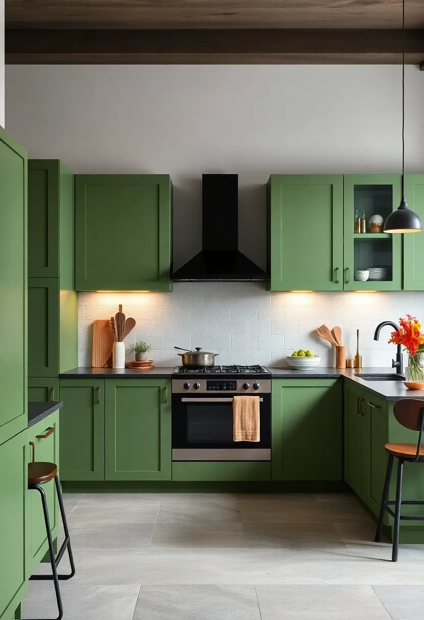 Warm Fern Green ​Cabinets Contrasted with Black Fixtures for a Bold ‍and Grounded Kitchen Palette