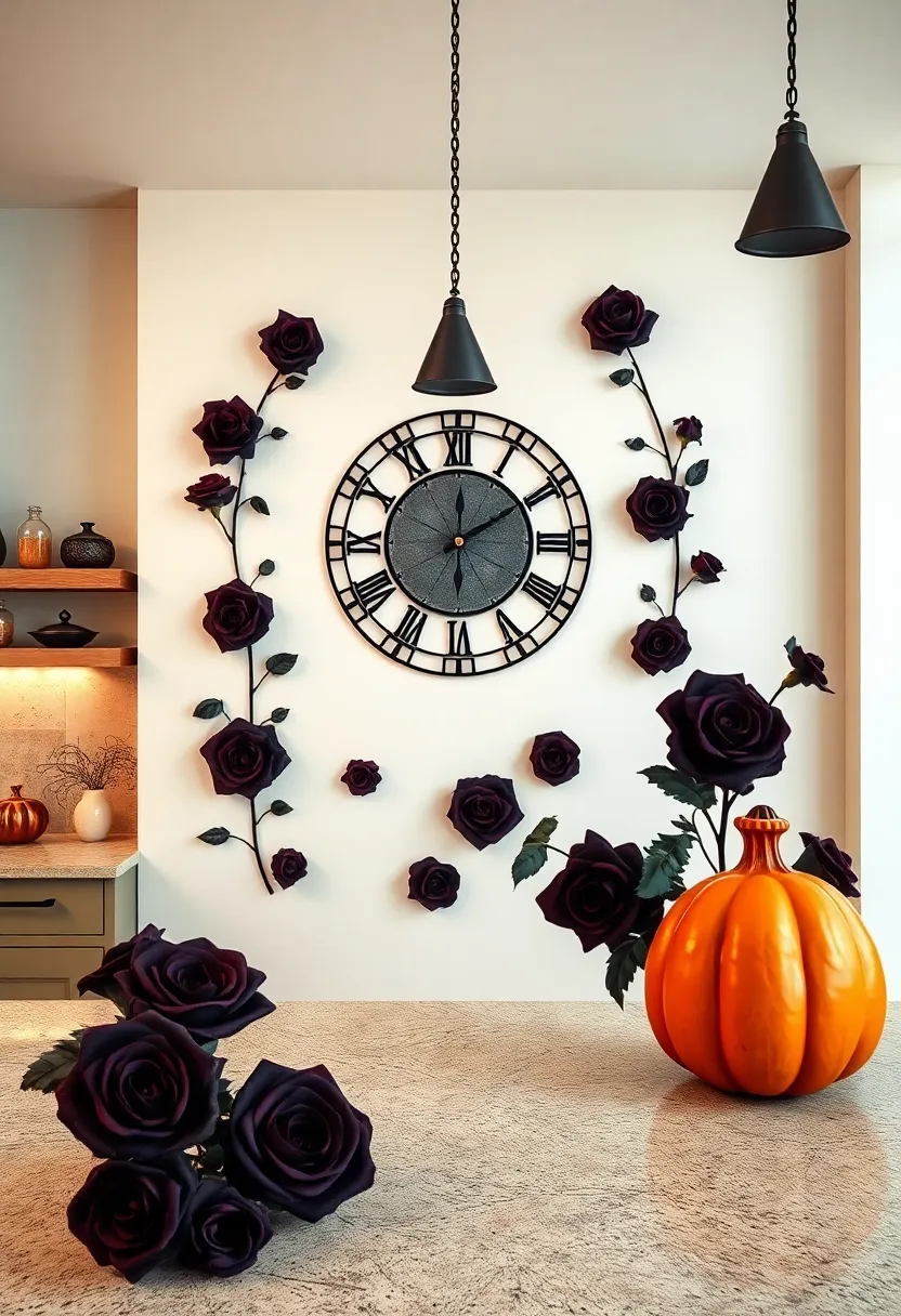 Art Deco Inspired Halloween Wall Clock Surrounded by Floating Black Roses