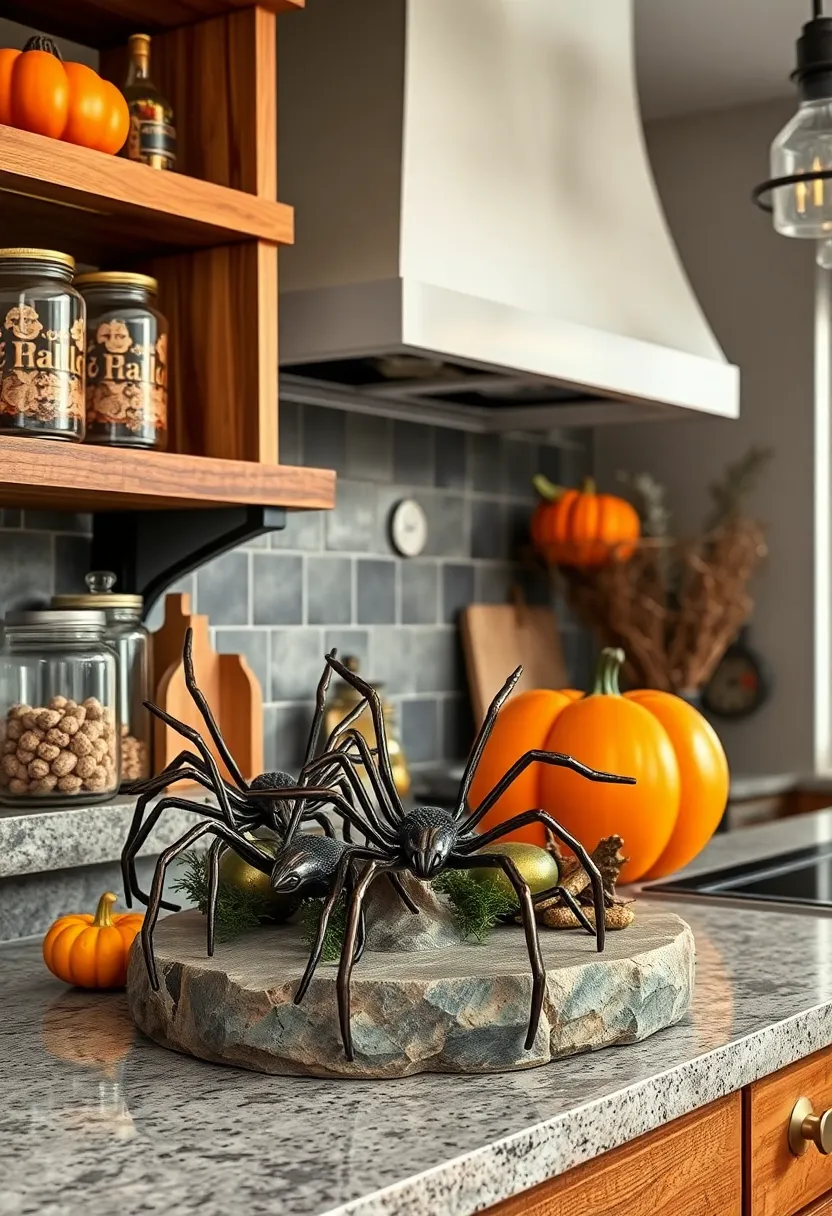 chic metallic Spider Sculptures Nestled Among Rustic Wooden Shelves and Jars
