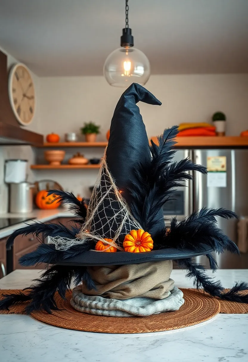 Classic Witch Hat Centerpiece with Draped Cobwebs and Glittering Black Feathers