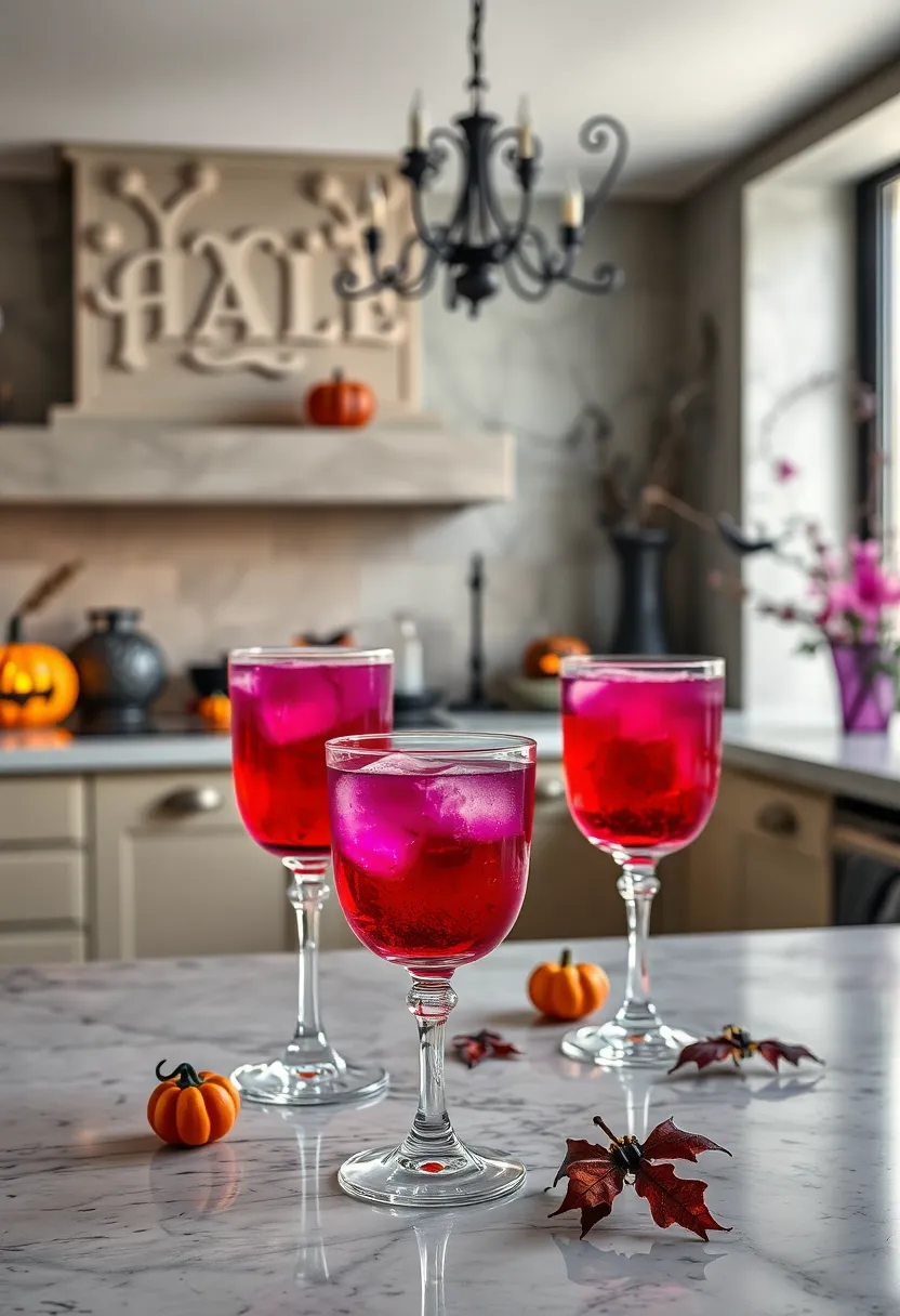 Crystal Glassware Filled With Dramatic Red and Purple Halloween inspired Cocktails
