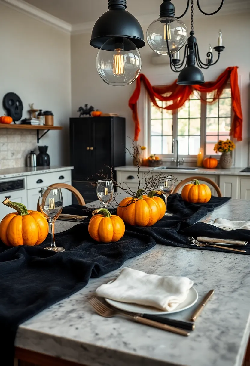 Dark velvet Tablecloths Layered with Vintage Silverware and Carved Pumpkin votives