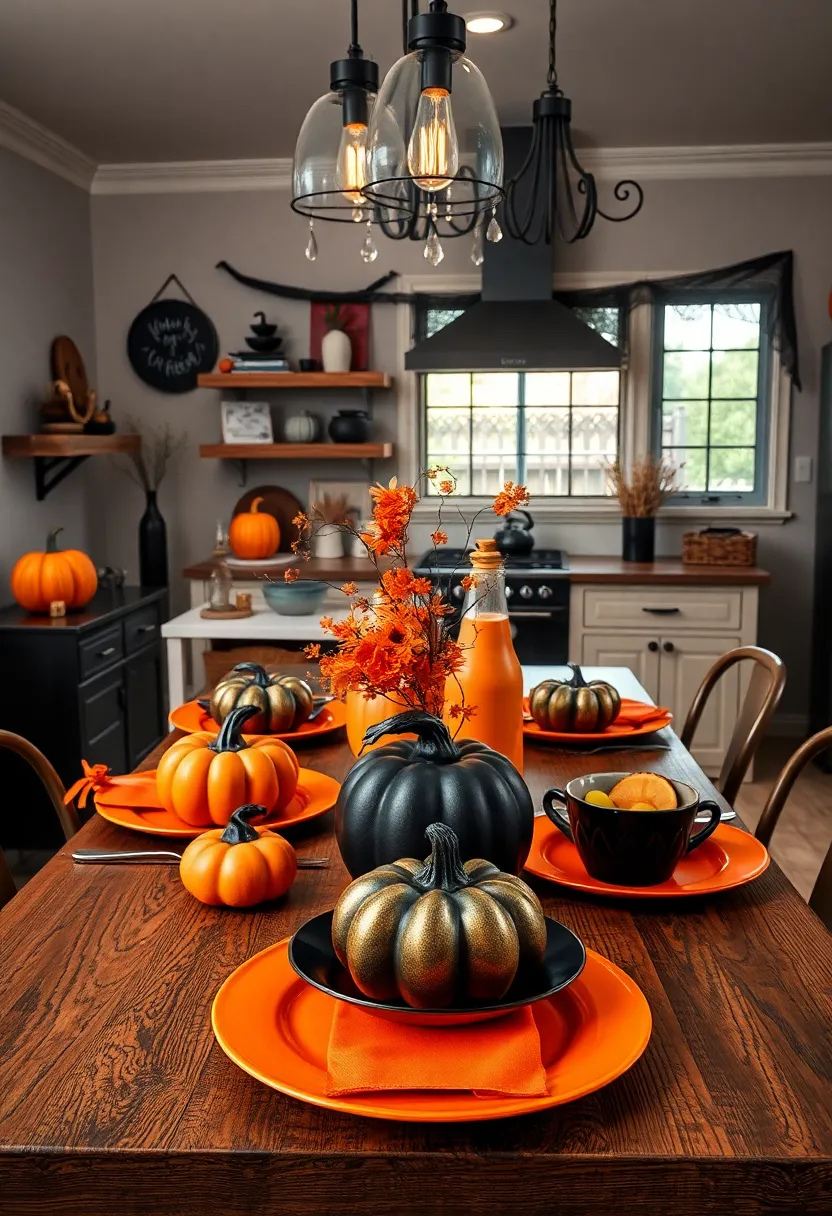 Elegant Black and Orange Table Settings featuring Hand-Painted Pumpkin Dinnerware