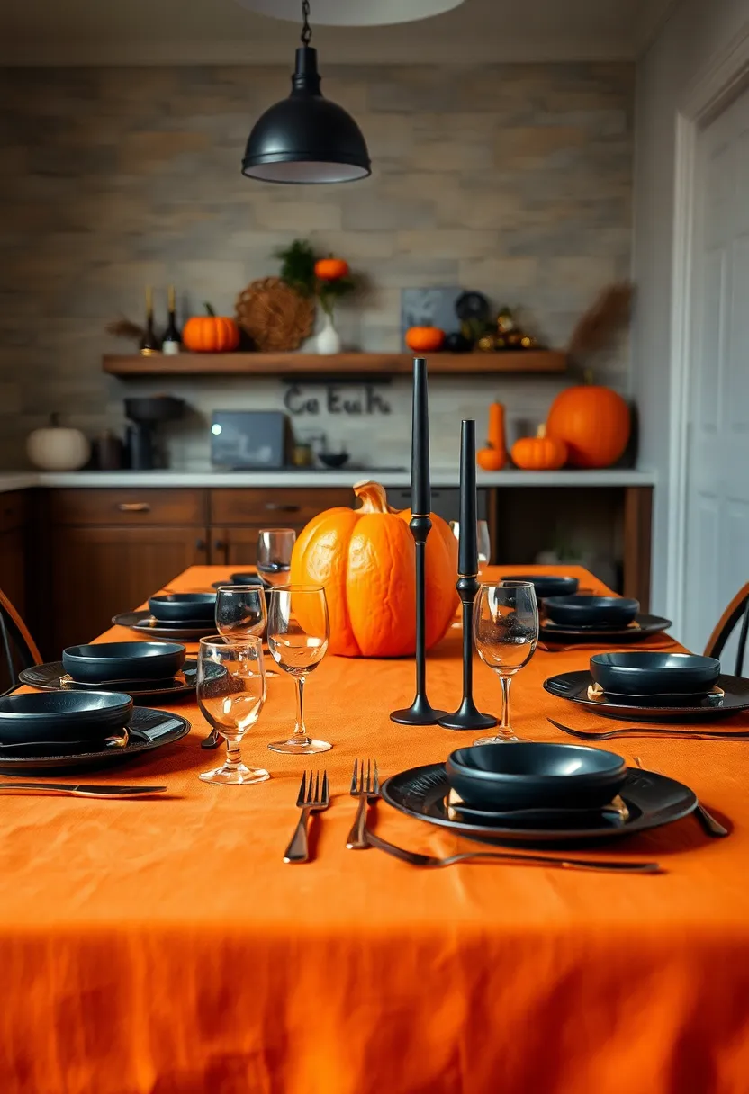 Elegant Black and Gold Cutlery Set Arranged on a Deep Orange Linen tablecloth