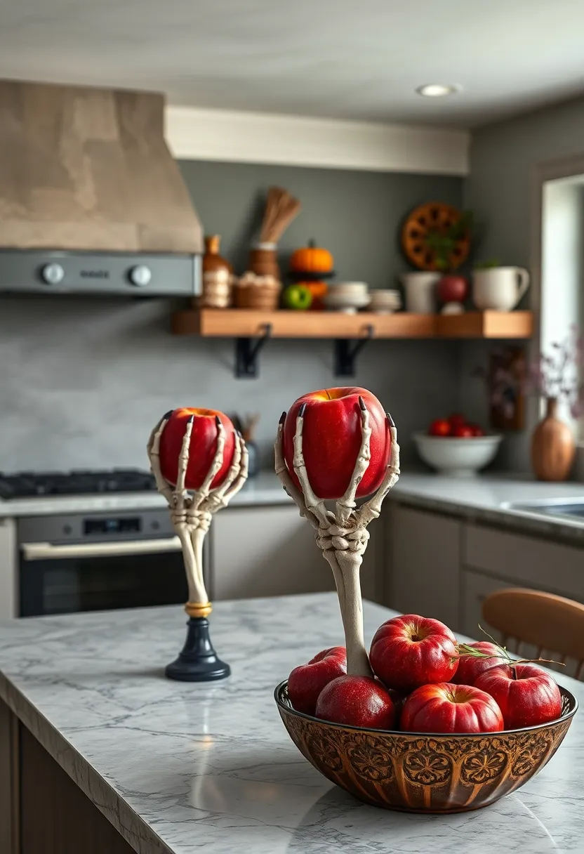 elegant Skeleton Hand Holders Displaying Seasonal Fruits in Deep Ruby Tones