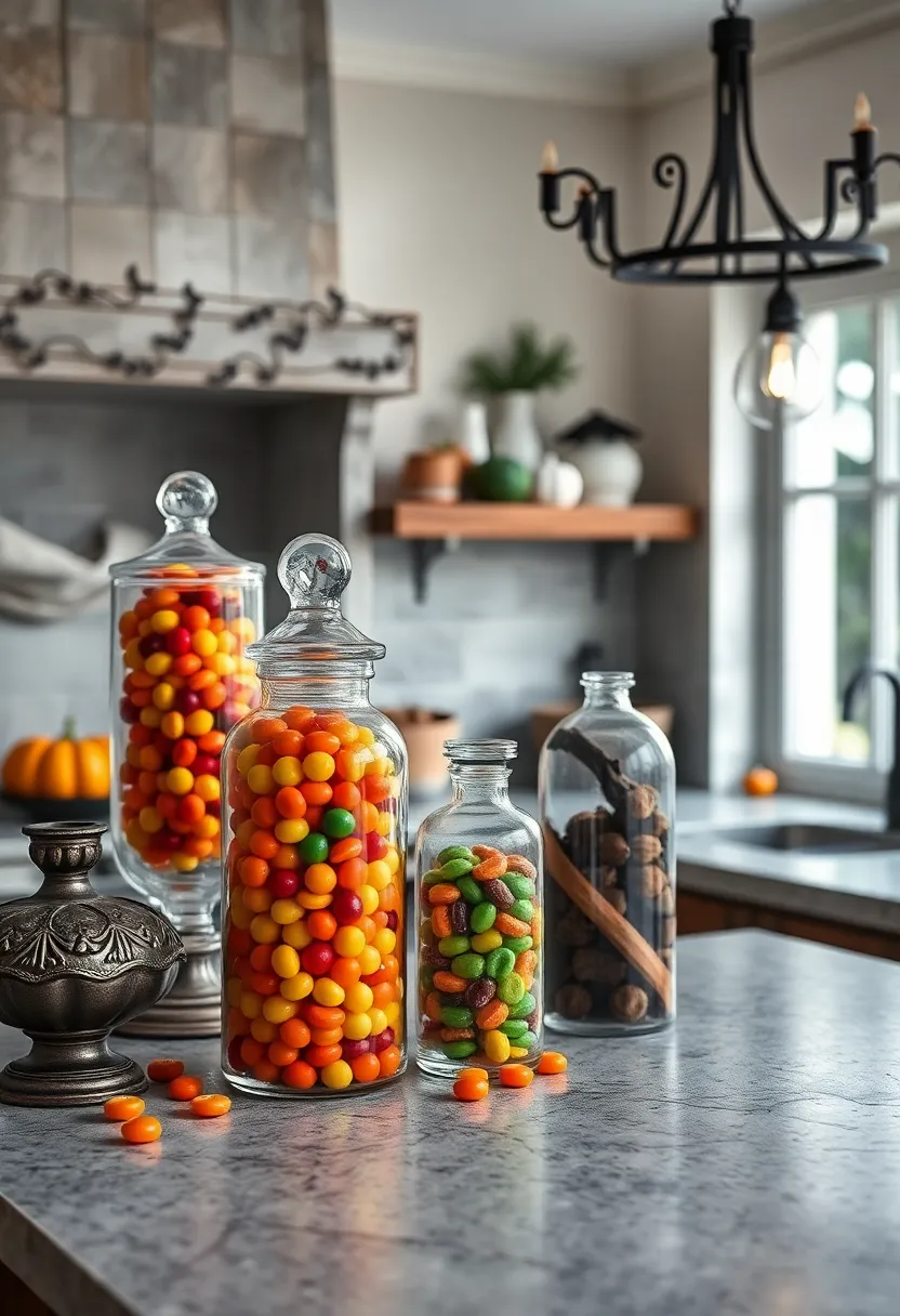 glass Apothecary Jars Filled with Colorful Halloween Candy in a Mystical Setting