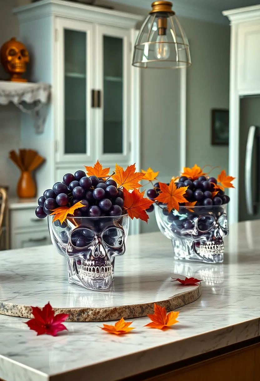 Glimmering Crystal Skull Bowls Brimming with Deep Purple Grapes and Autumn Leaves