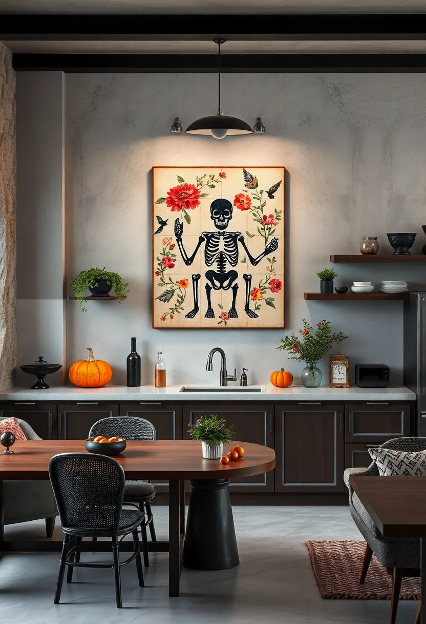 Gothic-Inspired Wall Art Combining Skeleton motifs with Delicate Floral Patterns