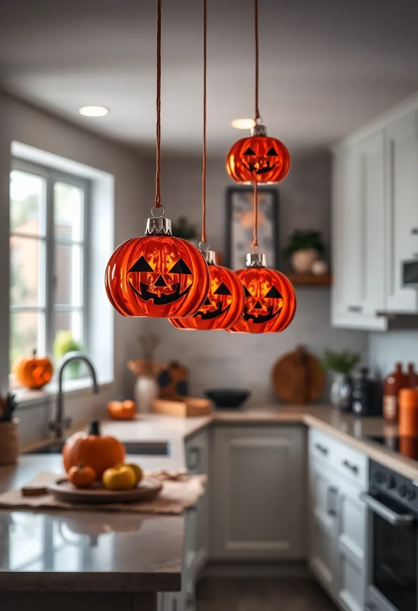 Hanging glass Ornaments Resembling Miniature Jack-o-Lanterns in a Dimly Lit Kitchen Space