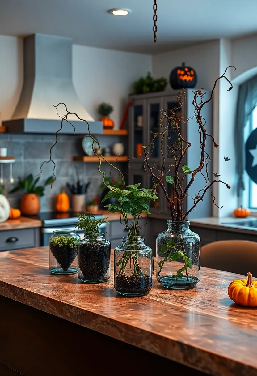 haunted herb Garden Display with Twisted Vines and Dark Glass Plant Pots