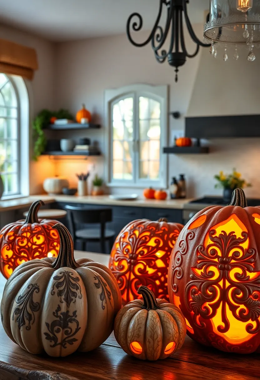Intricately Carved Pumpkins with Baroque Patterns and Soft Internal Illumination