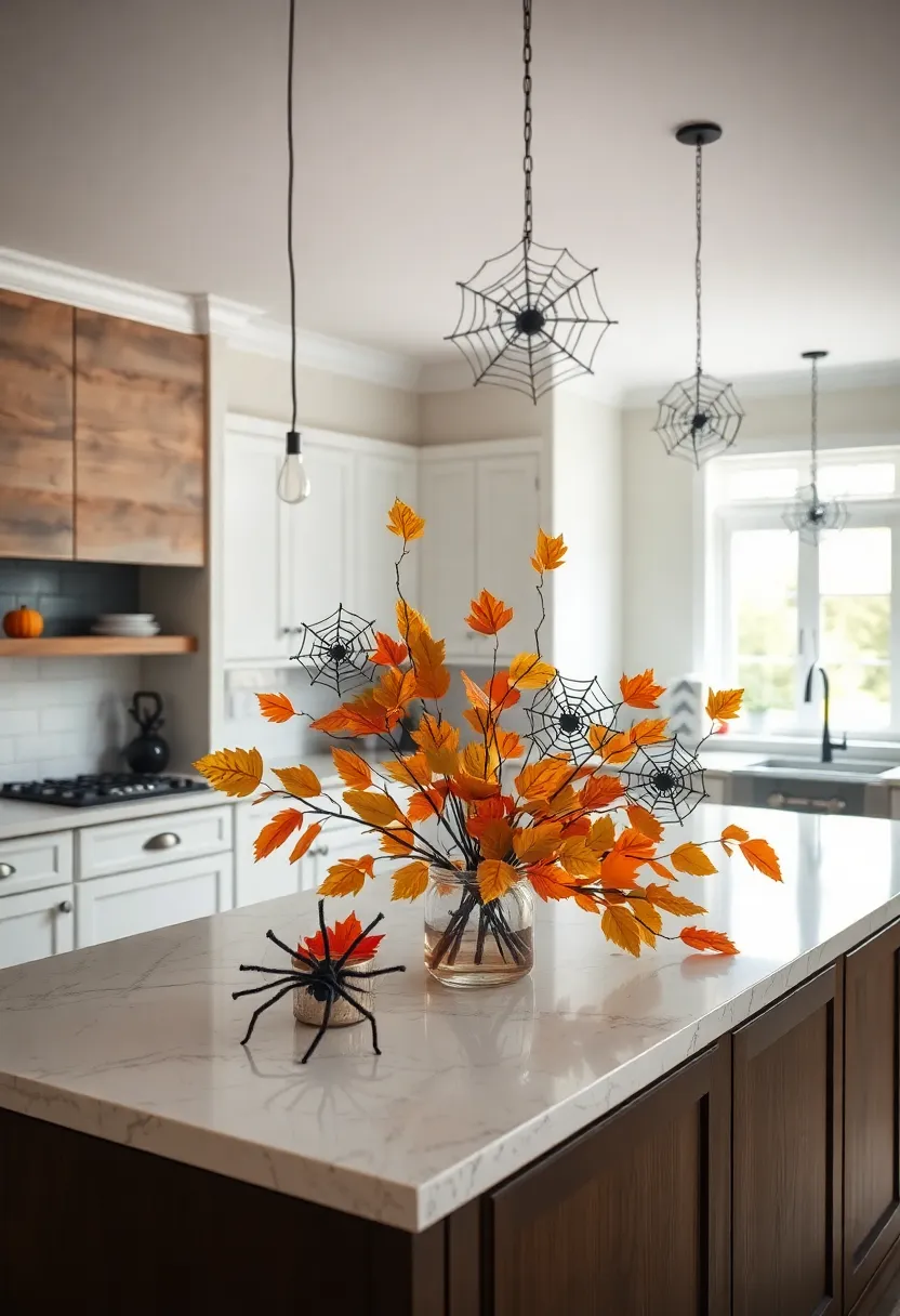 Monochrome Spider Web Accents Intertwined with Fresh Fall Leaves on Kitchen Island