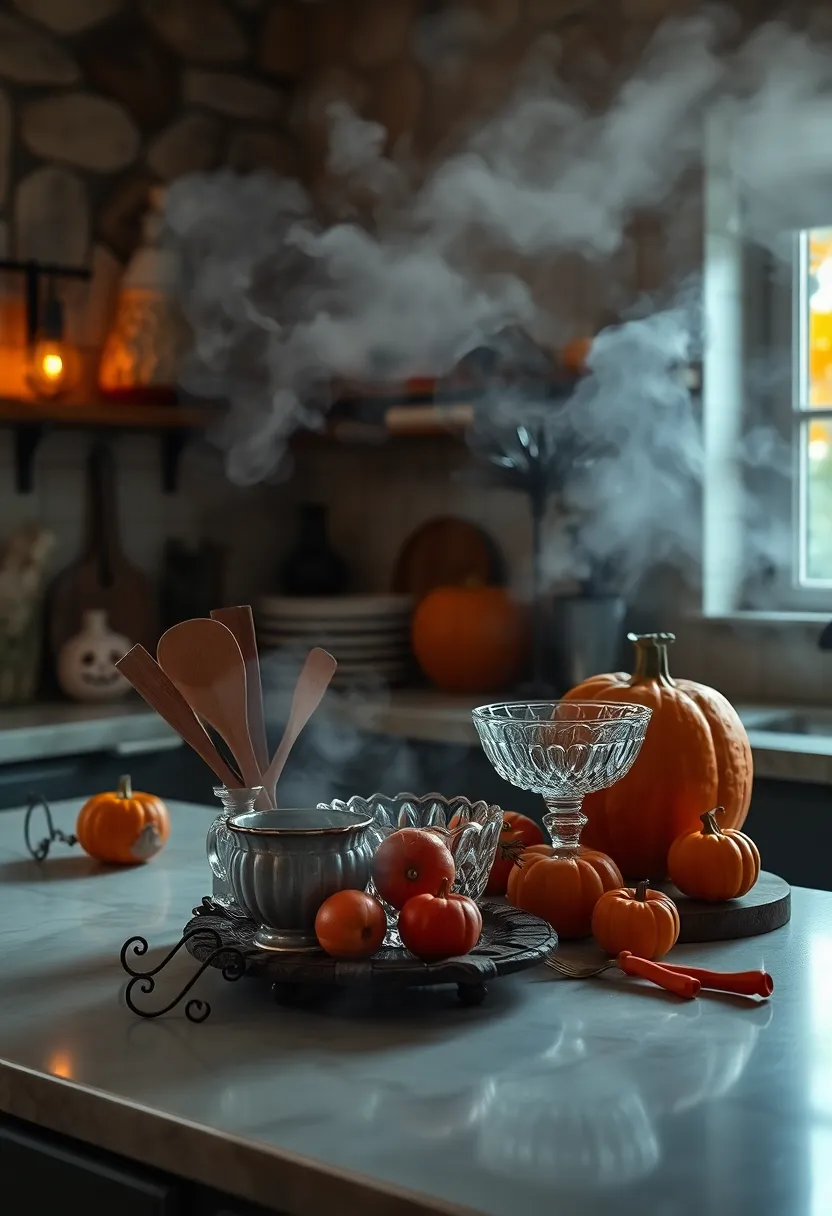 Mysterious Fog Effects Surrounding Antique Kitchen Utensils and Crystal Bowls