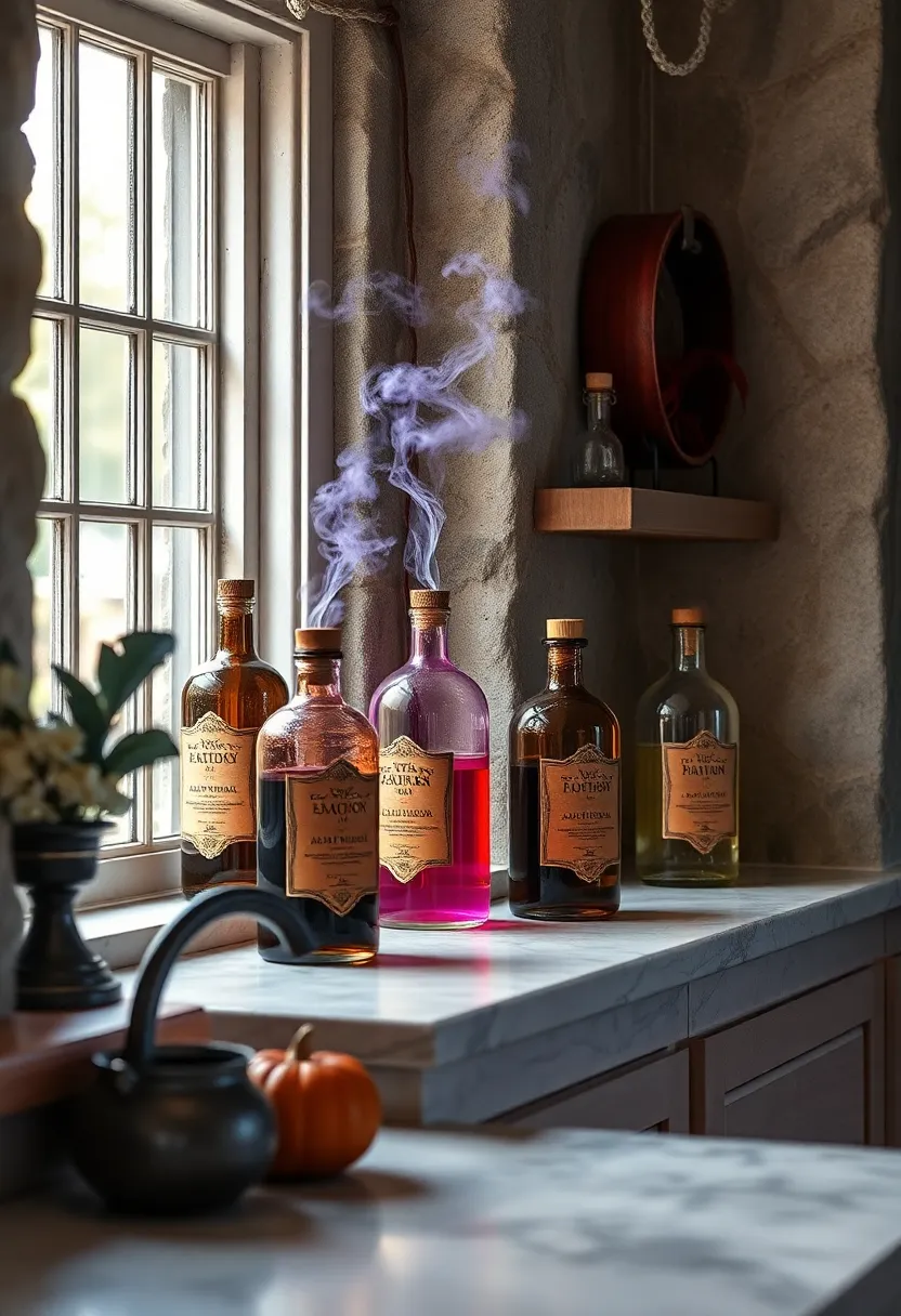 Mystical Potion Bottles with Smoky Liquid and Antique Labels on Window Sills