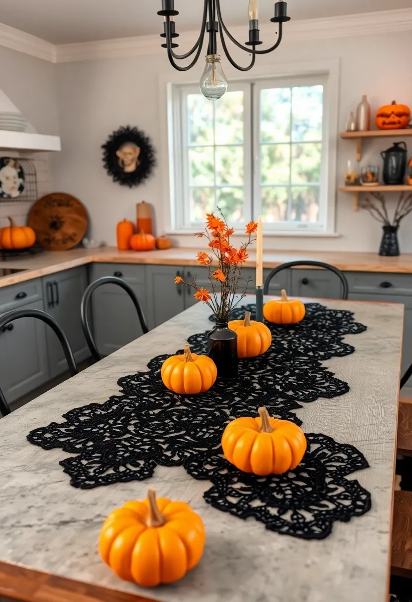 Refined Black Lace Table Runners Embellished with Miniature Pumpkin Ornaments