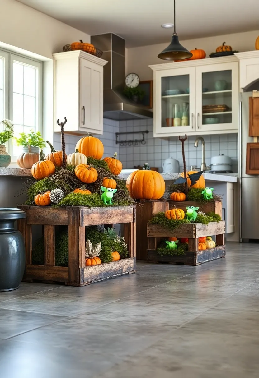 Rustic Wooden Crates overflowing with Gourds, Moss, and Whimsical Glow-in-the-Dark Critters