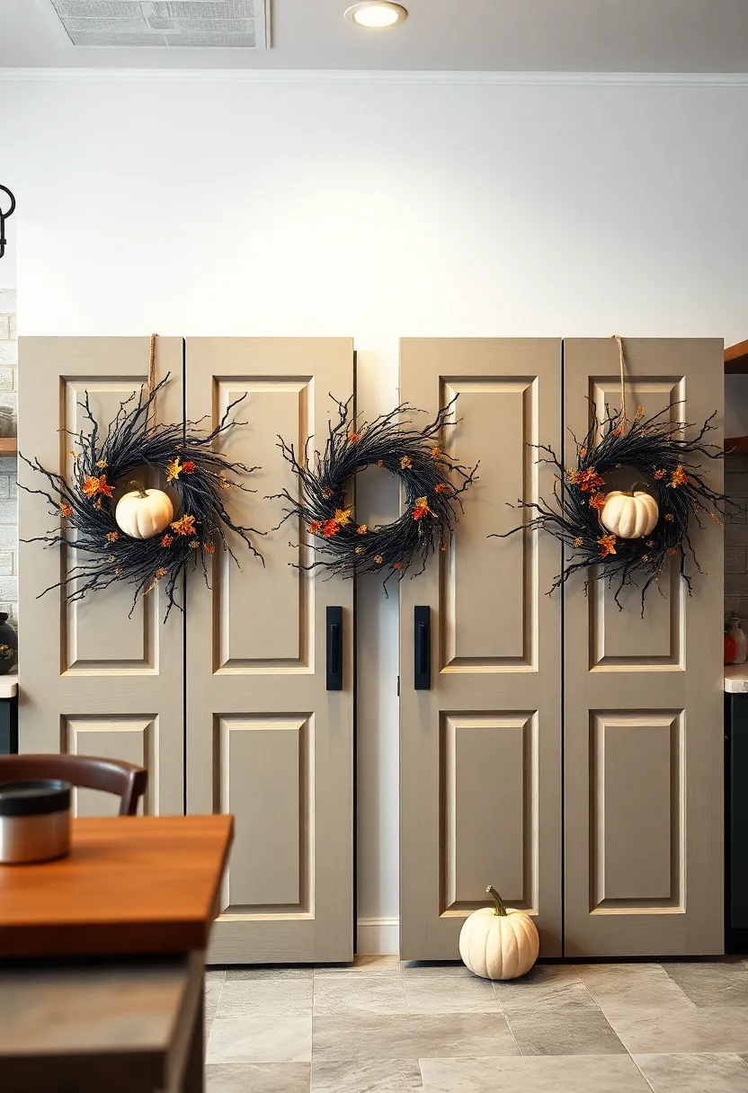 Seasonal Wreaths Featuring Ghostly White pumpkins and Twisted Black Twigs on Pantry Doors