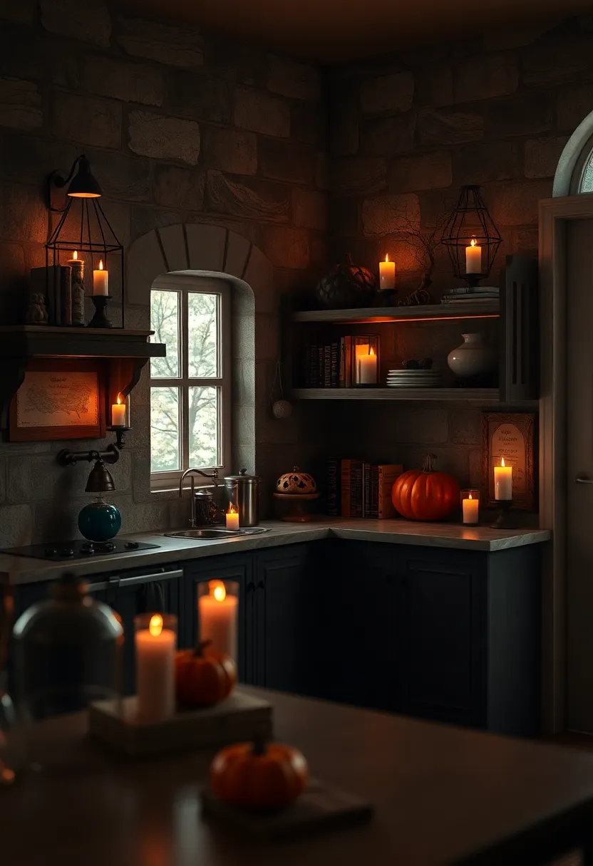 shadowy Corner Displays with Antique Books and Flickering Candlelight for a Haunted Aura